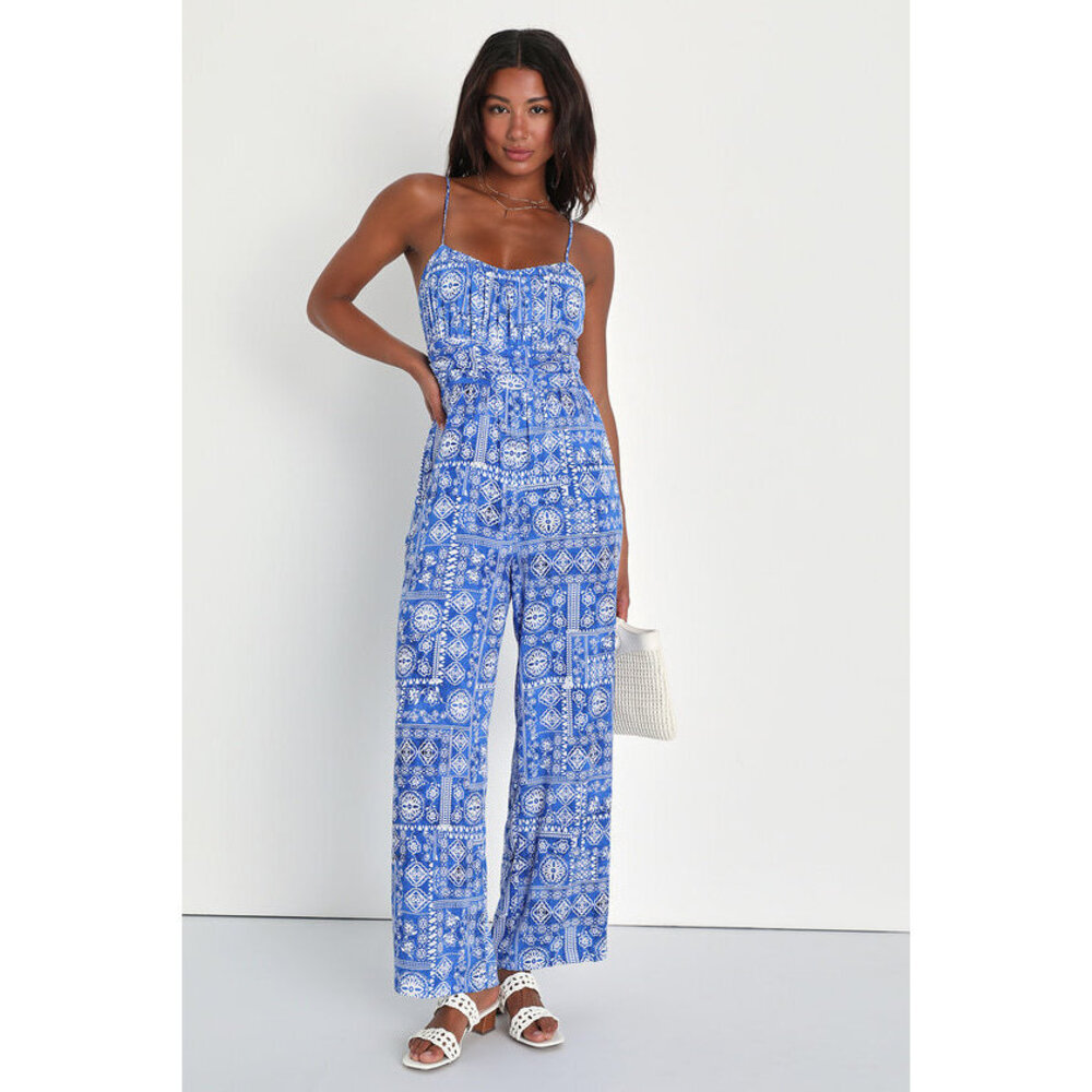 Lulus Bohemian Beauty Blue Boho Print Tie-back Jumpsuit - Size M - NWOT